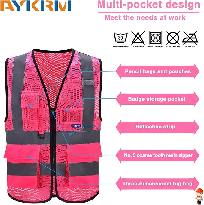 A-SAFETY XSmall Pink High Visibility Mesh Safety Reflective Vest with Pockets and Zipper XS Hi Viz Work Vest for Men Women (Pink Mesh XS)
