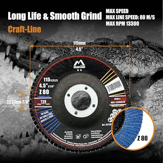 Merryland Flap Disc 4 1/2 inch Metal for Angle Grinder, 4.5inch 80 Grit T29 Flap Wheel 20 Pack, Blue Zirconium Corundum INOX Stainless Steel Iron Universal, Craft-Line FC1107414-20