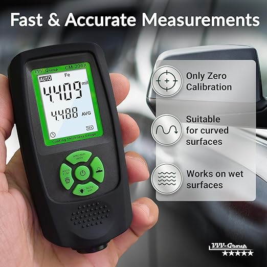 Paint Thickness Gauge CM-206X | Coating Depth Meter Fe/Al/Zn | Auto Car Paint Meter with Ruby Probe, Quick Calibration, Rubber Cover & Hard PU Case for Automotive Inspection (CM-206X)