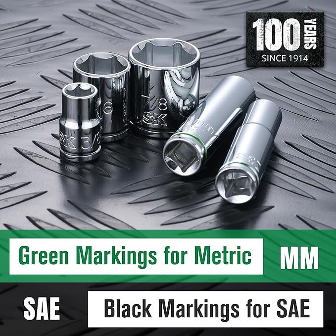 SK 3/8" Drive Socket Set, SAE Sockets, 13-Piece, 1/4" to 1", SuperKrome Finish, Premium CR-V Construction, with Aluminum Socket Organizer