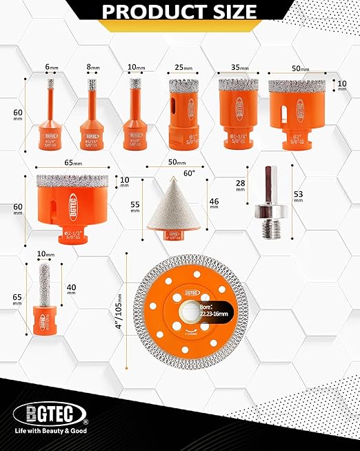 BGTEC Diamond Hole Saw Kit - 10PCS 6/8/10/25/35/50/65mm Drill Bits & 10mm Milling Finger Bit & 50mm Chamfering Bit & HEX & 100mm Tile Blade for Porcelain Tile Ceramic Granite Marble Stoneware