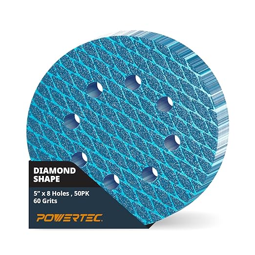 POWERTEC 5 Inch 8-Hole Hook and Loop Diamond Shaped Sanding Discs, 50PK, 60 Grit for Random Orbital Sanders – J-Weight Cloth Backing for Long Life, Anti-Clog Sandpaper (44906)