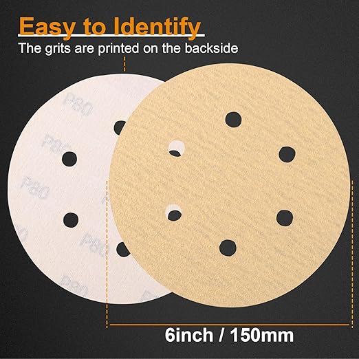 80 PCS 6 Inch Sanding Discs 80 Grit, 6 Hole Hook and Loop Round Sandpaper for Random Orbital Sander