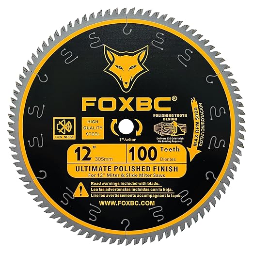 FOXBC 12 Inch Miter Saw Blade 100 Teeth Ultimate Polished Finish Saw Blade for Wood with 1 Inch Arbor