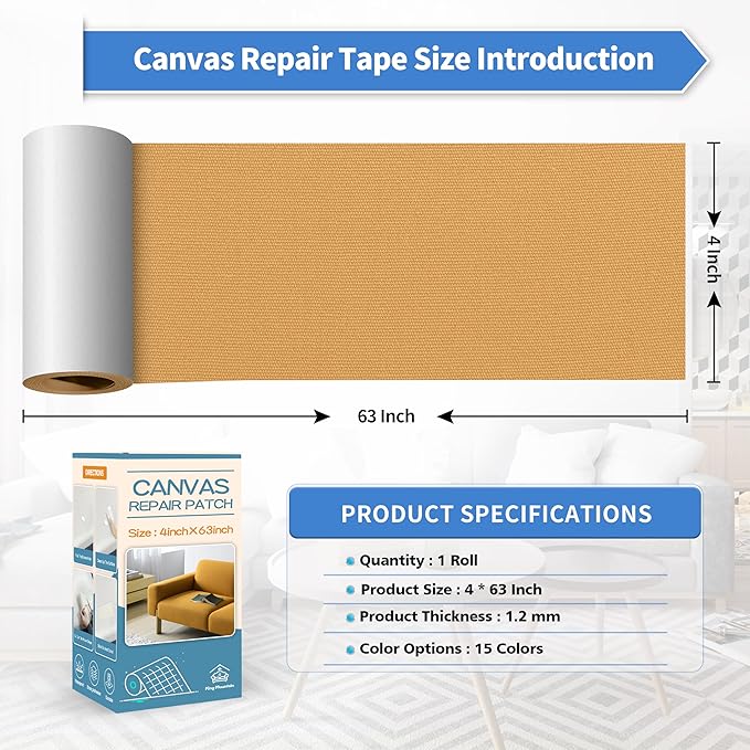 KING MOUNTAIN Canvas Repair Tape,Outdoor Gear Patch, 4×63 Inches,Waterproof,Self-Adhesive for Repairing Boat Covers,Sun Shades,Sofas,Tents,Lounge Chairs,Awnings (Light Brown)