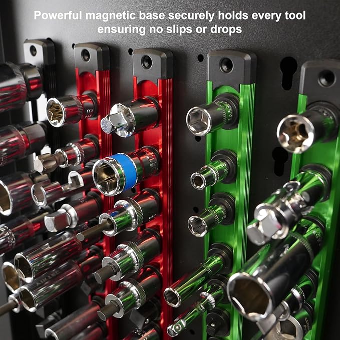 Magnetic Socket Holder Organizer Set:1/4-Inch Drive Socket Trays Socket, 360° Swivel 14 Clips Socket Holder Kit, For Automotive Mechanic Garage (Green)