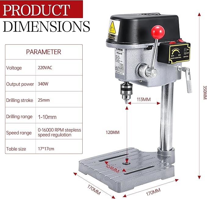 RATTMMOTOR Benchtop Drilling Machine 340W 110V/220V 16000RPM Mini Bench Drill Press 25mm Stroke Drill Chuck 1-10mm Multi-Function Drilling Milling Machine (220V)