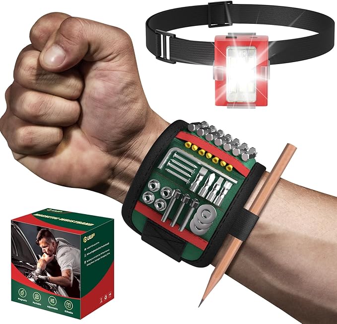 Magnetic Wristband for Tools, Tool Belt Wrist Band with LED Light, 15 Powerful Magnet, Adjustable Wrist Screws Holder, Birthday Gift for Men, Him, Dad, Fathers Day, Mechanics, Woodworker, Handyman