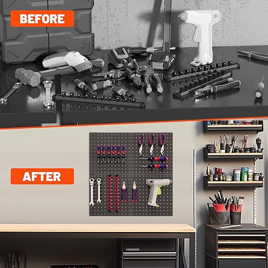 ValueMax 4 Pack Metal Pegboard Panels, 12”x 12” Heavy Duty Metal Pegboard Wall Organizer for Home, Garage, Workbench, Kitchen, Craft Room Tool Storage, Black Modular Peg Board Organizer Board