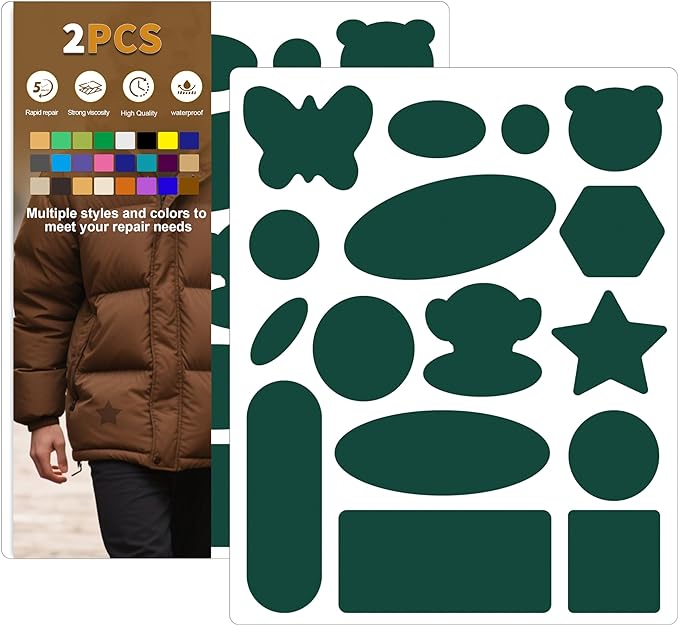Azobur Down Jacket Repair Patches-Waterproof, Self-Adhesive,Nylon Fabric Patches for Puffy Jackets, Rain and Snow Gear, Tents, Sleeping Bag and More(Gemstone Green，2pcs)