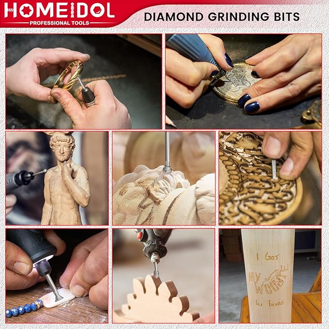 20PCS Stone Carving Set Diamond Burr Bits, HOMEIDOL Diamond Grinding Bits Suitable for Dremel, Polishing Kits Rotary Tools Accessories with 1/8" Shank for Carving, Engraving, Grinding, Stone, Glass