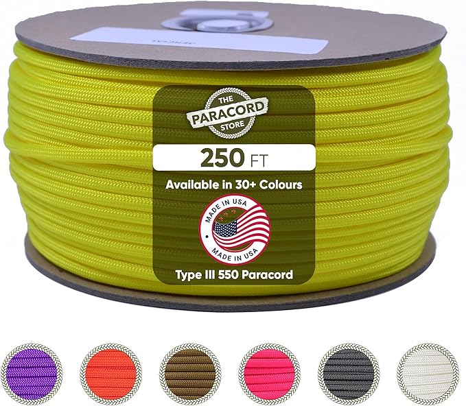 The Paracord Store | Type III 550 Paracord - 250 FT Spool, Yellow | Heavy Duty 7 Strand Tactical Paracord - USA Made Nylon Outdoor Parachute Cord for Camping, Fishing & More - Survival Cord