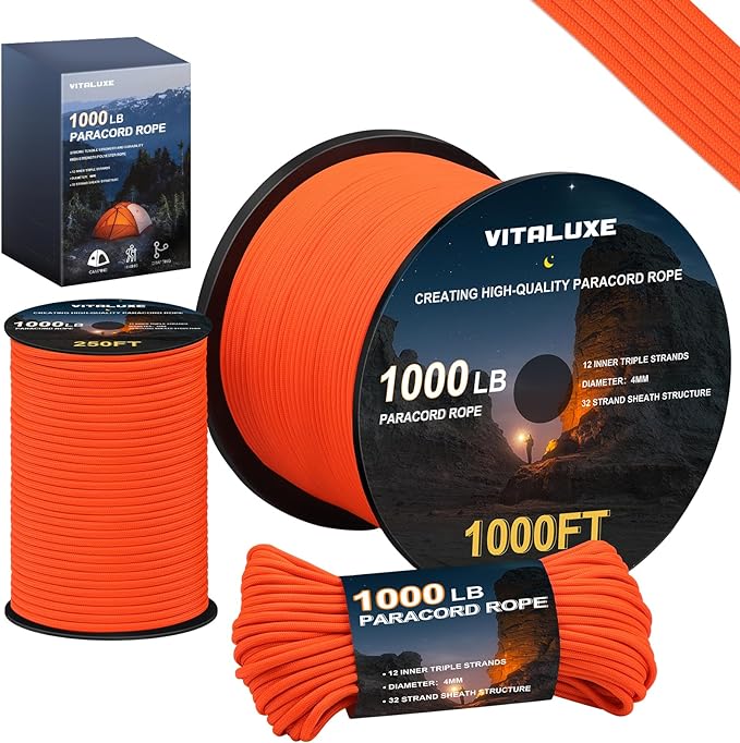 1000lb Paracord Rope, 4mm 12 Triple Strands Paracord, Heavy Duty Tactical Parachute Cord for Survival Gear, Camping, Hiking, and Ideal for Bracelets, Lanyards, Type III