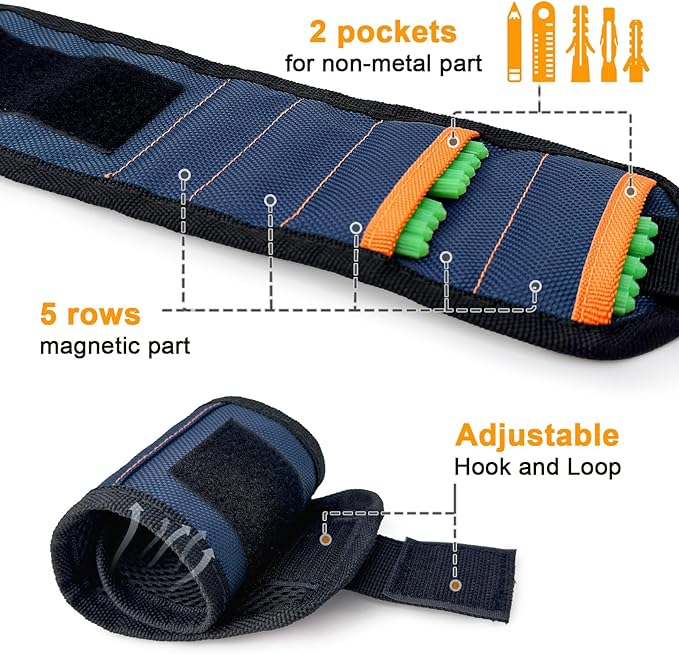 vidsel Magnetic Tool Holder Belt & Wrist-Band (15 N38 Magnets), Adjustable Work Gadget for Electricians/DIY/HVAC, Screws, Nails, Drill Bits Organizer, Birthday Gift for Men, Dad, Husband, Navy Blue