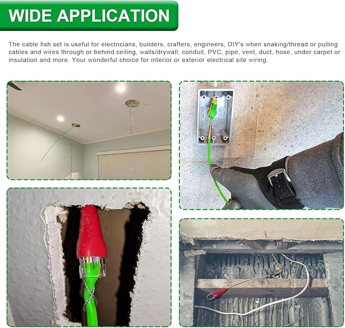 32.5FT Fiberglass Running Electrical Wire Cable Glow Rods Wire Pulling, Fish Tape Set with Accessories, Green