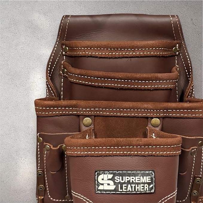 Supreme Leather Tool Pouch for Construction Carpenter Tool Bag Electrician's Pouch | 10 Pockets 2 Stainless Steel Hammer Holders Top Grain Leather Bag