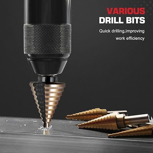 5Pcs Step Drill Bit & 5Pcs Countersink Drill Bit Set, Titanium Coated, HSS Step Bit, 50 Sizes of Step Bit for Metal with Aluminum Case, Multiple Hole Stepped Up Bits for DIY