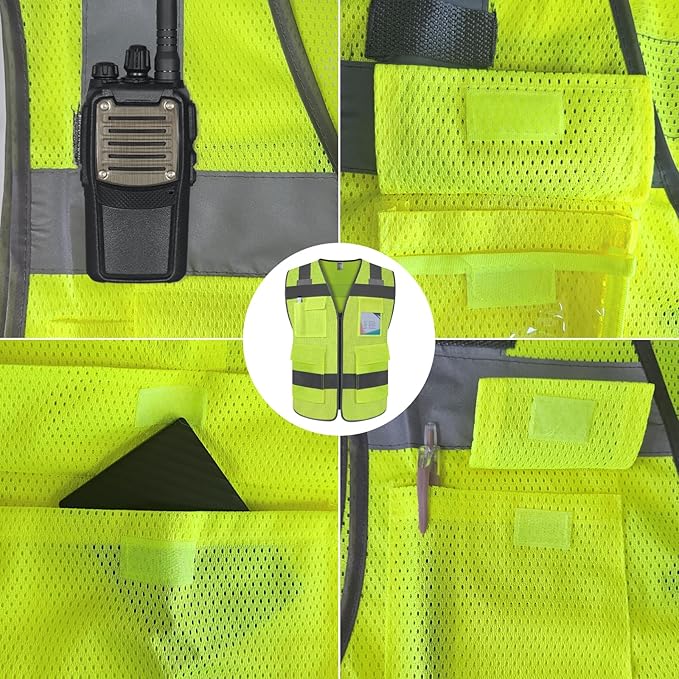TCCFCCT Mesh Reflective Vest 5 Pockets Safety Vest for Men Women, High Visibility Surveyor Vest with Horizontal Strip for Walkie-talkie, Durable to Use, Meets ANSI/ISEA Standards, Yellow, XL