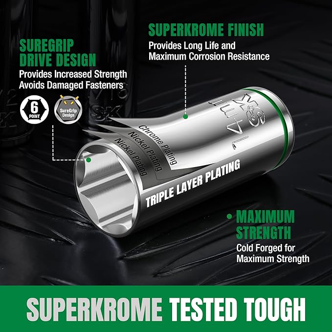 SK 3/8" Drive Socket Set with 160-P Ratchet, 31-Piece, Metric, SuperKrome Finish, Premium CR-V Construction, with EVA Foam Tool Organizer