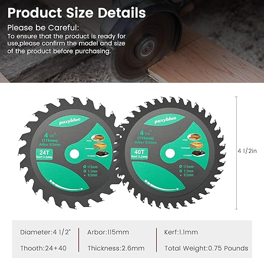 Puxyblue 4-1/2 Inch Circular Saw Blade 115MM 24T Farming & 40T Fine Finish with 3/8 Inch (9.5MM) Arbor,TCT Trim Saw Blade for Wood, Plastic and Composite Materials