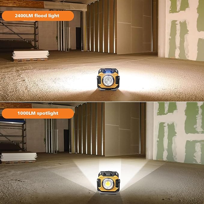 Samyoung 2 Pack 2400LM Magnetic Rechargeable Work Light, 28 Hours Long Lasting Stepless 2700-8000K White & Warm Bright Portable LED Work Light, Ultralight 360°Rotating with Hook(Yellow)