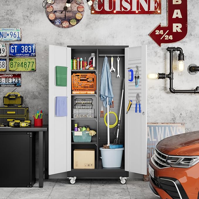 Broom Closet Storage Cabinet with Hanging Rod, 71" H Metal Garage Storage Cabinet with Wheels and 4 Adjustable Shelves, Locking Broom Closet with 13 Hooks for Garage, Bathroom, Home