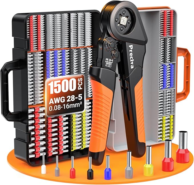 Preciva Ferrule Crimping Tool Kit - AWG 28-5 (0.08-16mm²) Self-Adjustable Ratchet Ferrule Terminals Crimping Tool, Quadrilateral Ferrule Crimper with 1500Pcs Ferrules Connectors