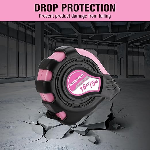 WORKPRO 16FT Pink Tape Measure, Inch/Metric Easy Read Measuring Tape, Retractable Lightweight Measurement Tape Accuracy 1/32, 1mm for Engineer,with Thumb Lock, Belt Clip, Rubber Protective Casing