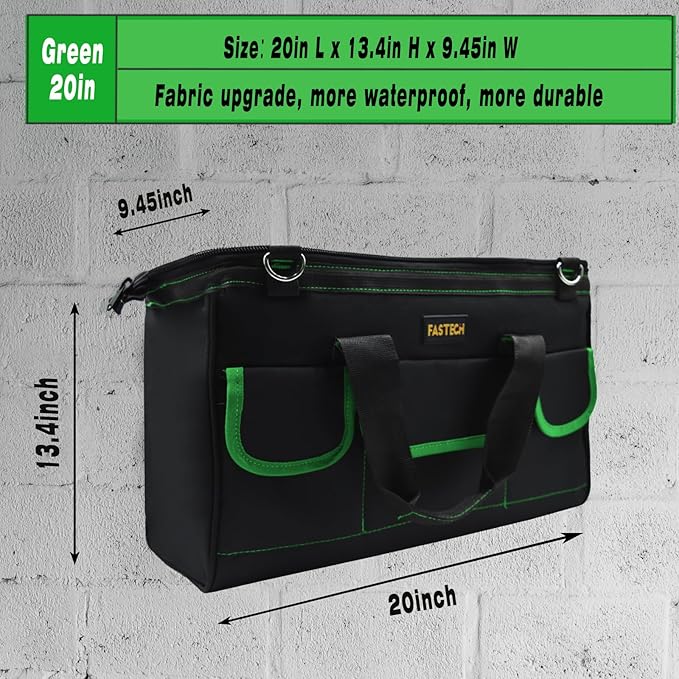 20 Inch Tool Bag With Comfortable Shoulder Straps, Waterproof Wide Mouth Tool Kit, Large Tool Bag Tool Storage Package For Men/Women (20IN Green)