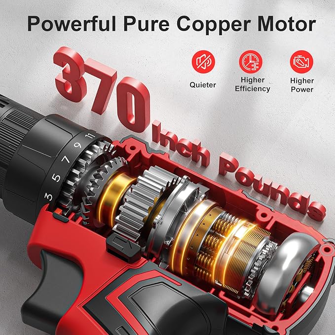 Cordless Drill, 20V Power Drill, Double 2000mAh Power Pack Electric Drills, Cordless Drills with Power Pack and Charger, 3/8" Keyless Chuck Screwdriver with 25+1 Max 370 In-lb Torque, 42Pcs Bits