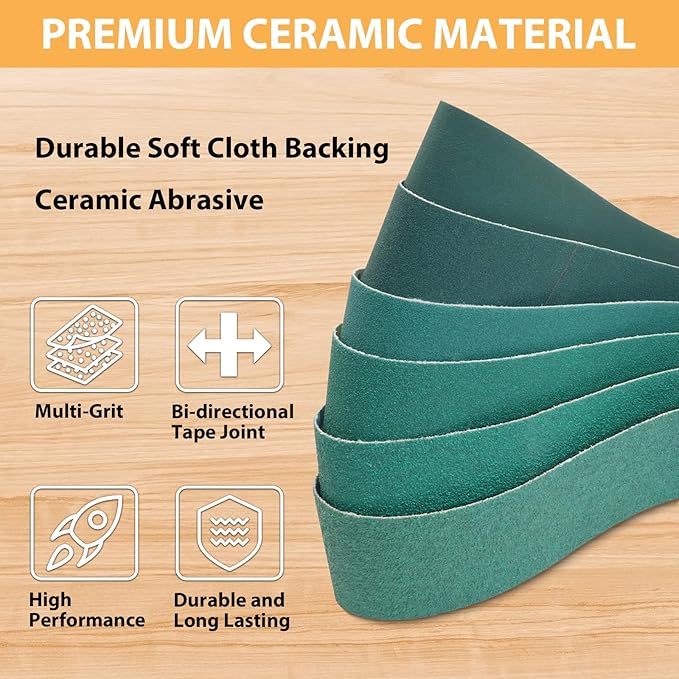 2 x 42 Inch Ceramic Sanding Belts, 2x42 Metal Grinding Belt, 60/80/120/180/240/400 Grit Sander Belt for Knife Making, Deburring, 6 Pack