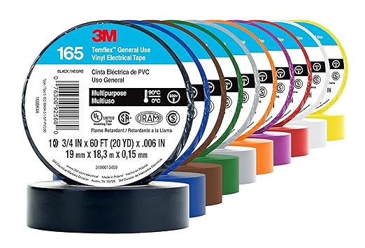 3M Temflex Multi-Purpose Vinyl Electrical Tape 165, White, 3/4 in x 60 ft (19 mm x 18 m), 10 Roll Pack