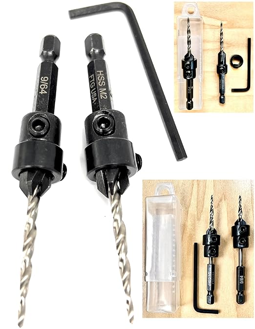 FTG USA Countersink Drill Bit Set 2 Pc #6 (9/64") Wood Countersink Drill Bit, Pro Pack Countersink Set, Tapered Countersink Bit, Stop Collar, Hex Wrench, Woodworking Countersink Drill Bits