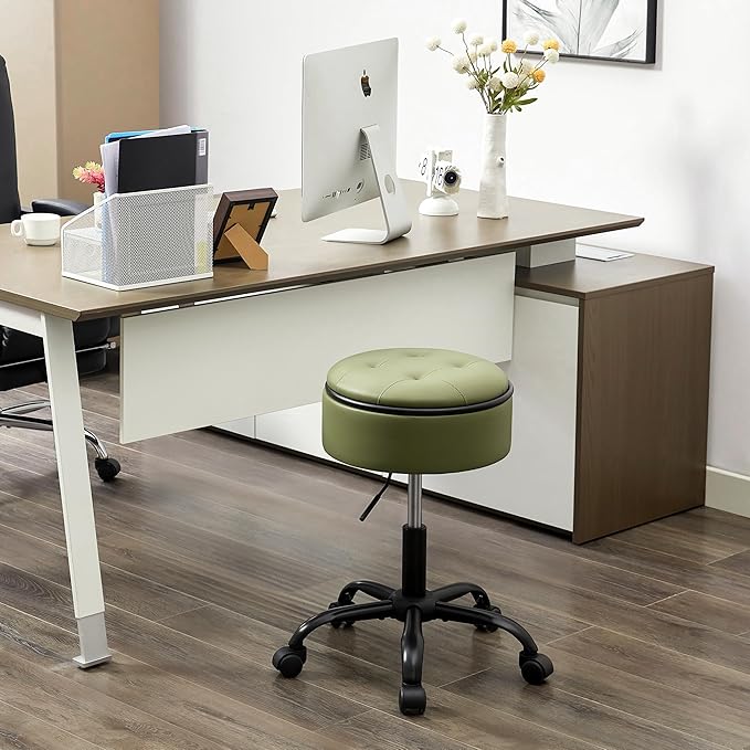Rolling Stools with Wheels (Chair & Small Table in One) (Adjustable Height Barber Chair 20.67"-24.61"), Green Ergonomic Stool with Storage