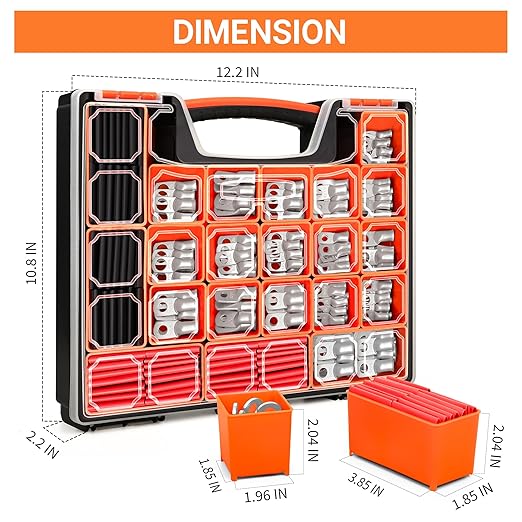 Kuject 220PCS Tinned Copper Wire Lugs Kit AWG 1 2 4 6 8 1/0 2/0 Gauge, Heavy Duty Battery Cable Lug Ends, Ring Terminal Connectors Assortment with 110PCS 3:1 Heat Shrink Tubing