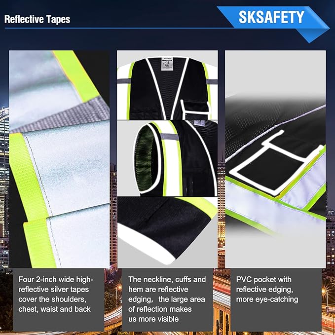 SKSAFETY 10 Pockets Safety Vest, Class 2 High Visibility Security with Zipper Back Mesh, Hi Vis Vest with Reflective Strips, ANSI/ISEA Standard, Construction Work Vest for Men ＆ Women （Black, 3XL）