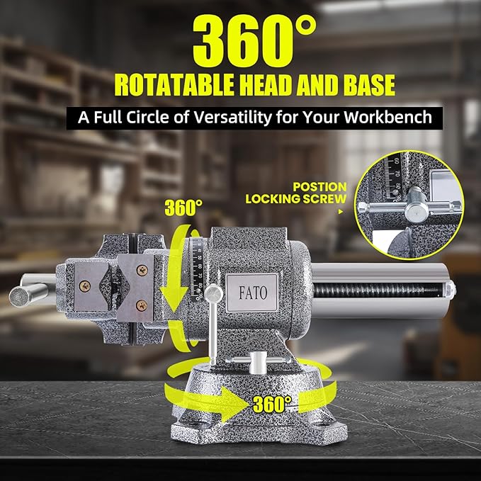 FATO 5-inch Heavy Duty Bench Vise, 360°-Degree Ductile Iron Bench Vise Multi-Purpose Swivel Base and Head With Anvil, Utility Combination Pipe Home Vise for Woodworking