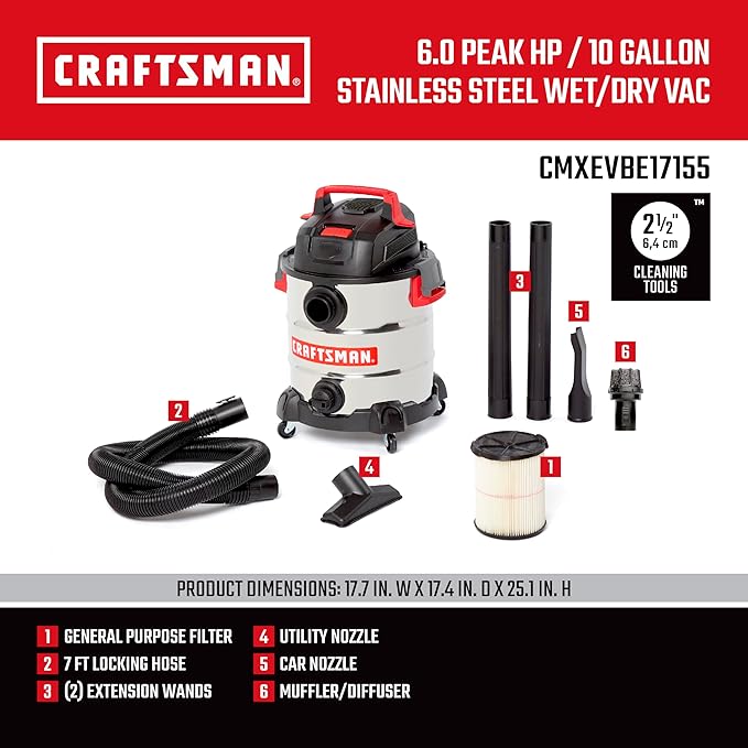 Craftsman CMXEVBE17155 10 Gallon 6.0 Peak HP Stainless Steel Wet Dry Vac, Portable Shop Vacuum Wet and Dry with Filter, Muffler/Diffuser, Hose and Attachments for Home and Garage Use