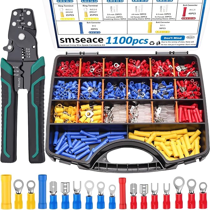 smseace 1100Pcs Crimp Wire Connectors with Crimping Tool Packed in Handheld box 22-10AWG Insulated Crimp Spade/Fork/Ring/Butt Electrical Speaker Wire Connector