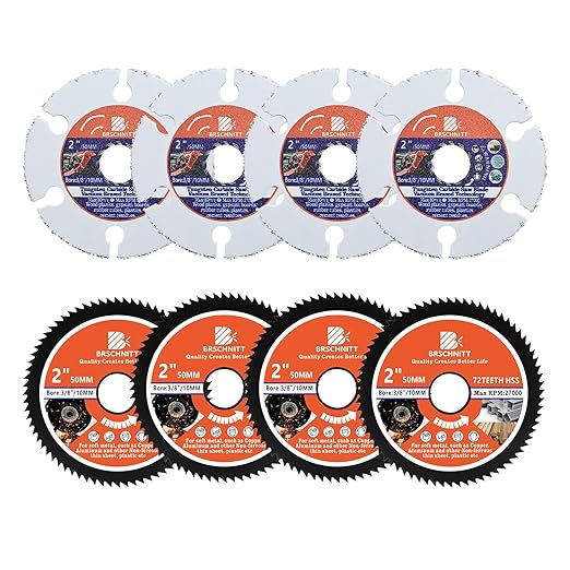 Circular Saw Blade 2inch - BRSCHNITT 4PCS 72T Cutting Discs & 4pcs 2" Carbide Multi Wheel 10mm Bore for Cutting Wood, Copper, Aluminum, Plastic and Soft Metal