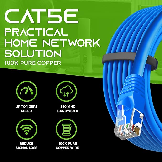 GearIT 100-Pack, Cat5e Ethernet Patch Cable 1 Foot - Snagless RJ45 Computer LAN Network Cord, Blue