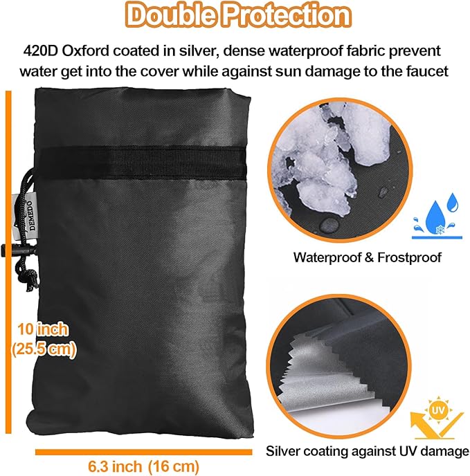 Enlarge Outdoor Faucet Cover for Winter Freeze Protection, 3M Thinsulate, 10”H x 6.3”W Hose Bib Covers for Wall Taps Outside, Waterproof & Frost Free Insulated Spigot Cover, 2 Pcs Faucet Socks - Black