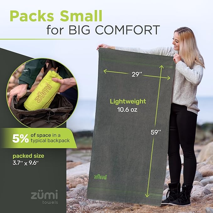 Zumi 100% Cotton Quick Dry Large Travel Towel - Soft, Thin, Compact, Highly Absorbent, Lightweight Camping Towel for Beach, Gym, Bath, Shower, Swimming, Dorm, RV - Gray