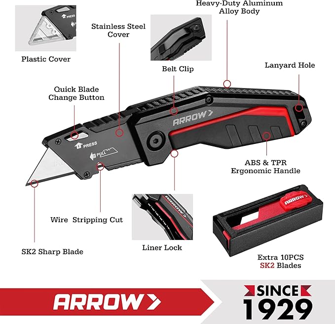 ARROW Folding Utility Knife, Quick-Change Box Cutter with Belt Clip, Liner Lock, Heavy Duty Aluminum Razor Knife with Comfortable Handle, 10 Extra SK2 Blades Included