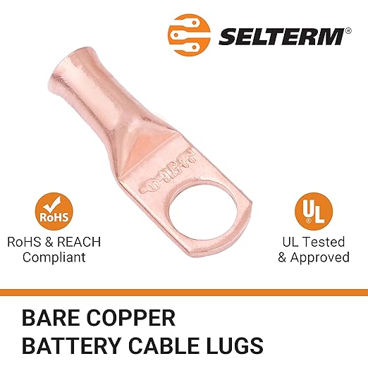SELTERM 10pcs 8 AWG - 5/16" Stud - Battery Lugs, Heavy Duty Wire Lugs, Ring Terminals, Battery Cable Ends,8 Gauge Terminals, UL Bare Copper Eyelets Electrical Battery Terminal Connectors