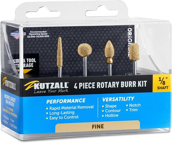 Kutzall 4-Piece Rotary Burr Kit - 1⁄8" Shaft, Fine - Wood Carving Bits for Dremel, Foredom, Ryobi, DeWalt, Milwaukee Tools - Structured Tungsten Carbide