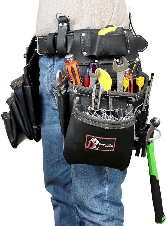 Daisy Leather PRO DL-101 Oil tanned Premium 25 pockets Heavy duty Tool Belt, Carpenter belt Pouch for Construction, Carpenter, Craftsman and Electricians workers, Black, X-Large