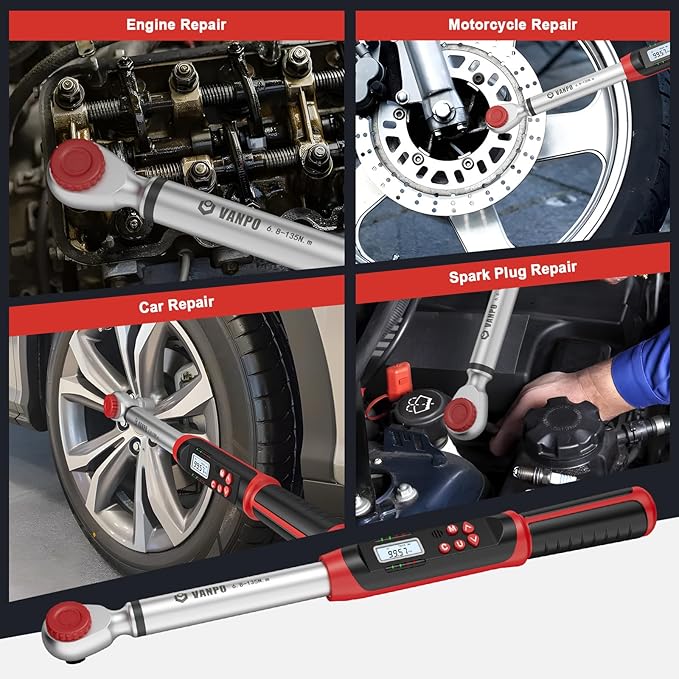 Digital Torque Wrench 1/2 Inch Drive, 45CM/17.72 Inch, ±2% Accuracy 5-99.5 ft-lbs./6.8-135Nm Electronic Torque Wrench with Preset Value, Buzzer and LED Notification for Moto, Car