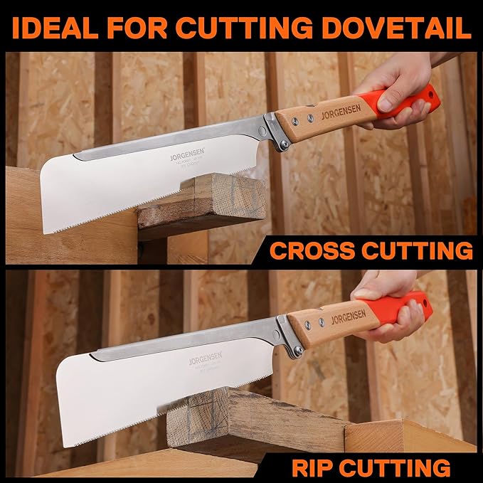 JORGENSEN Japanese Pull Saw, 9.5 Inch Pro Folding Dovetail Saw with Beech Wood Long handle, SK5 Steel Blade Tool-less Quick Change, 21TPI Cross Cut Woodworking Handsaw for Hardwood, Softwood