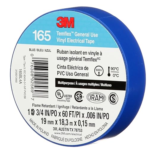 3M Temflex Multi-Purpose Vinyl Electrical Tape 165, Blue, 3/4 in x 60 ft (19 mm x 18 m), 10 Roll Pack